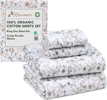 RUVANTI 100% Organic Cotton Sheets King Size, Percale Weave, GOTS Certified, 4-Piece Set, Deep Pocket 15", Crisp & Breathable, Soft Durable Bedding, Sábanas Algodón Orgánico – Tranquil