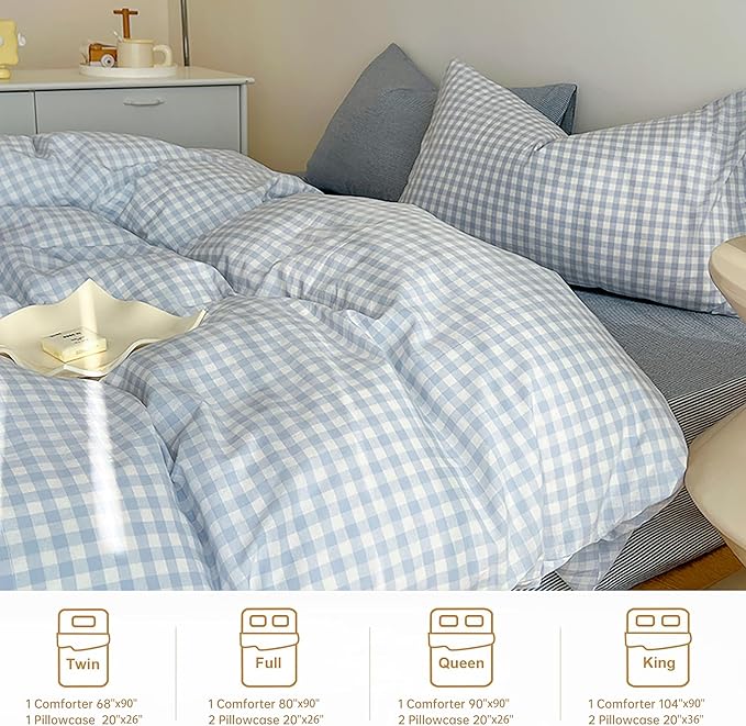 BOLINLIVING Gingham King Comforter Set 3 Pieces, Soft Breathable Bed in a Bag King Size, Light Blue White Checkered Plaid Bedding Set for All Season, 1 Comforter & 2 Pillowcases