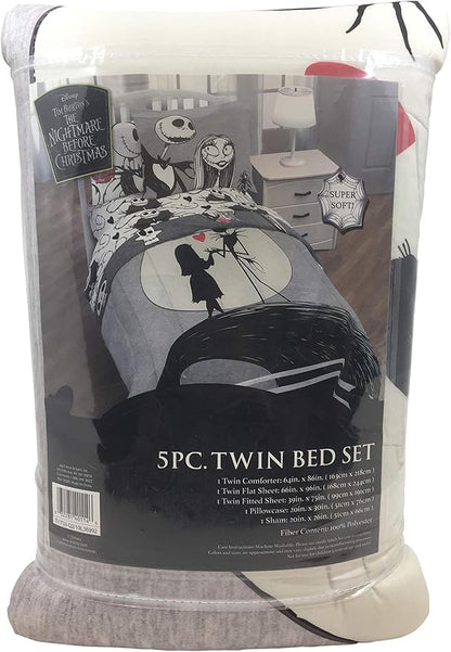 Jay Franco Disney Nightmare Before Christmas Moonlight 5 Piece Twin Bed Set - Includes Reversible Comforter & Sheet Set - Features Jack Skellington and Sally - Super Soft Microfiber