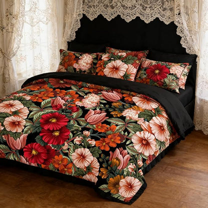 Vintage Comforter Set Full Size Women Tropical Floral Bedding 3 Pcs Victorian Microfiber Comforter with 2 Pillowcases/79 x90, Black Red