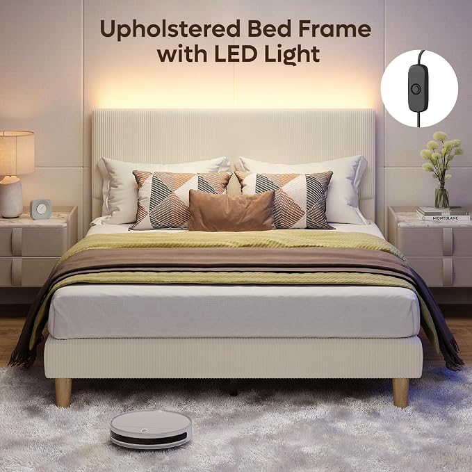 Bestier Queen Bed Frame with Headboard LED Lighting,Upholstered,Beige | Easy Assembly,LED Lighting Headboard,No Squeaks,Vertical Channel Corduroy Upholstered,Wood Slats Support,No Box Spring Needed
