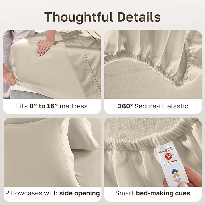 California Design Den Queen Sheet Set - 600 Thread Count Sateen, 100% Cotton Sheets Queen Size Bed Set, Deep Pockets, Soft and Durable Bedding - Beige