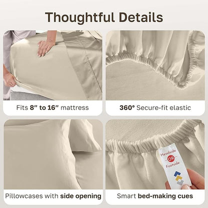 California Design Den Full Size Bed Sheets Set - 600 Thread Count, 100% Cotton Sheets, Soft Sateen, Deep Pockets, Durable Bedding Set - Beige