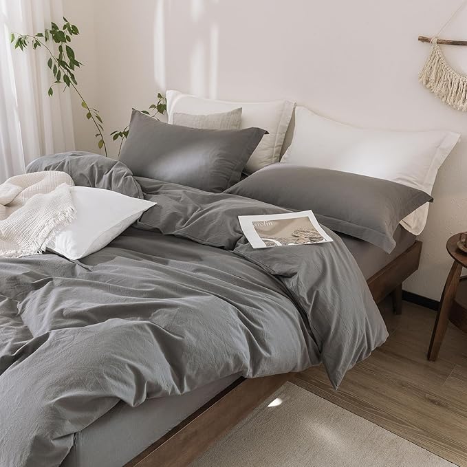 Dark Grey Duvet Cover King Size Bedding Set Cover 100% Washed Cotton Duvet Cover with Zipper Closure and 2 Pillowcases, 104inch x 90inch
