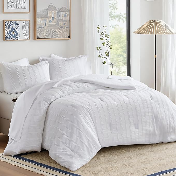 Madison Park Essentials Striped Comforter Set King, 7 Pieces Modern Minimalist Jacquard Bedding Set for All Season, Bed in A Bag with Sheet Set and Soft Brushed Reverse, Lightweight White