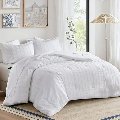 Madison Park Essentials Striped Comforter Set Cal King, 7 Pieces Modern Minimalist Jacquard Bedding Set for All Season, Bed in A Bag with Sheet Set and Soft Brushed Reverse, Lightweight White