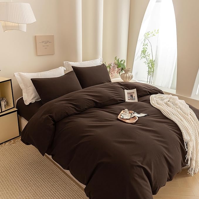 ECOCOTT Duvet Cover King Size -100% Washed Cotton Linen Like Textured Breathable Durable Soft Comfy Bedding Set with Zipper Closure & Corner Ties (Cocoa Brown, 104"x90")
