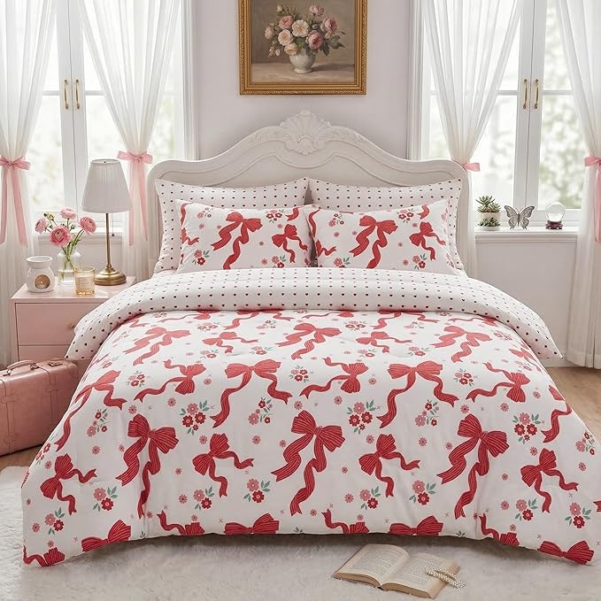 Red Bow Comforter Set Full for Girls, 3Pcs Ribbon Bowknot Bedding for Kids Kawaii Bedroom Decor, Dreamy Priness Girly Puple Stripe Bows Comforter Set with 2 Pillowcases, 79"x90"