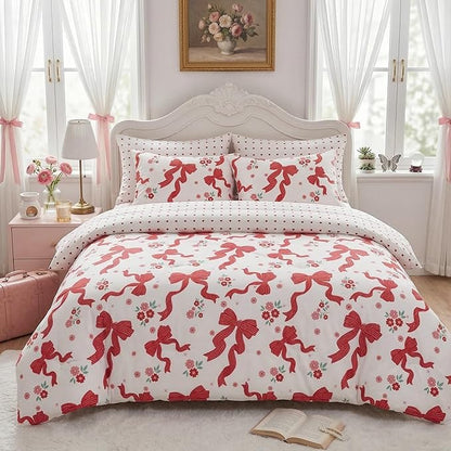 Red Bow Comforter Set Full for Girls, 3Pcs Ribbon Bowknot Bedding for Kids Kawaii Bedroom Decor, Dreamy Priness Girly Puple Stripe Bows Comforter Set with 2 Pillowcases, 79"x90"