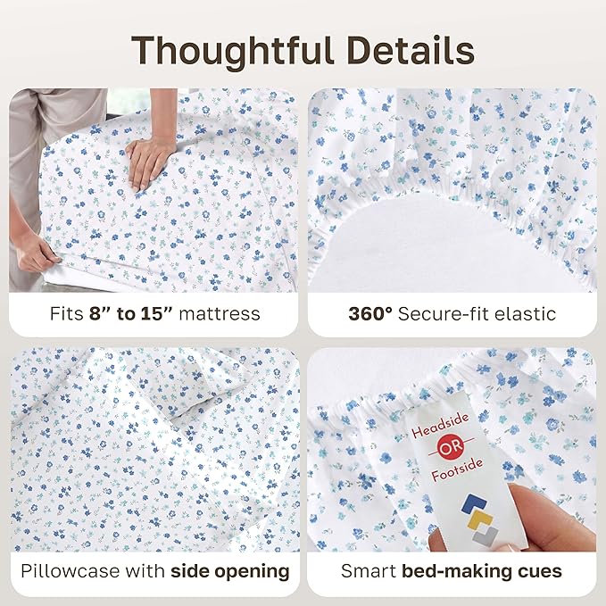 California Design Den Deep Pocket Twin Sheets Set - 400 Thread Count Sateen, Natural 100% Cotton Sheets, and Durable Bedding Set - Blooming Meadows