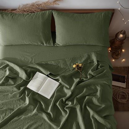LBRO2M 100% Pure Linen Sheet Set Deep Pocket Up to 16" Bed Sheets Sets, Natural Flax Beddings Soft, Breathable, Comfortable for All Seasons 4 Pcs Sheet Set Full Size, Olive Green