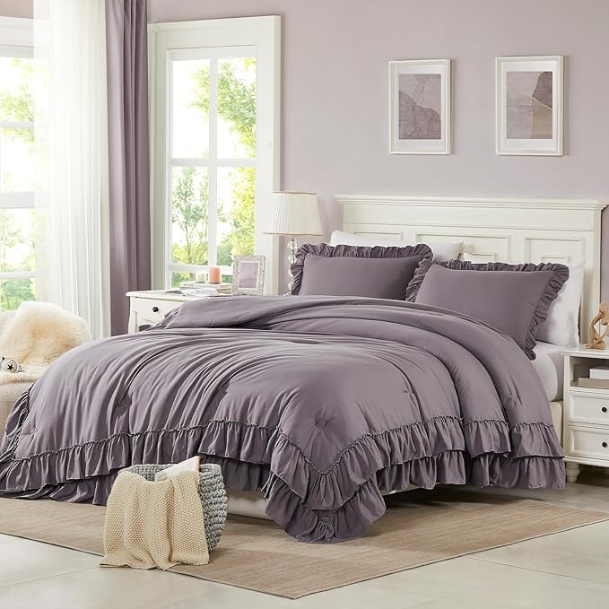 Cupocupa Purple Comforter Set – Twin XL Ruffle Farmhouse Bedding Set – Shabby Chic Fluffy Comforter for All Seasons – Includes Comforter & 1 Pillow Sham (Purple, Twin XL/Twin)