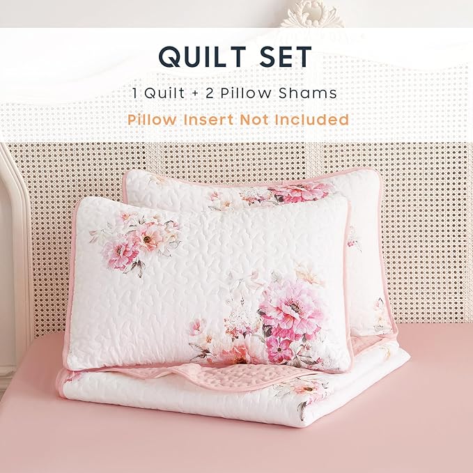 Wake In Cloud - Shabby Chic Quilt Set, Floral Coquette Cottagecore Farmhouse Vintage Flowers, for Women Teen Girls, Reversible Lightweight Bedspread Coverlet, 3 Pieces, White Pink, Queen/Full Size