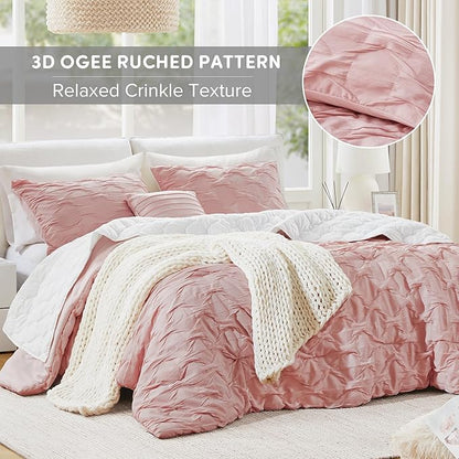 Comfort Spaces Comforter for King Size Bed, Ogee Ruched with Crinkle Texture, Breathable Comforter Set King, All Season Lightweight Bedding Set, Shams, Décor Pilow, King/Cal King Pink 4 Piece