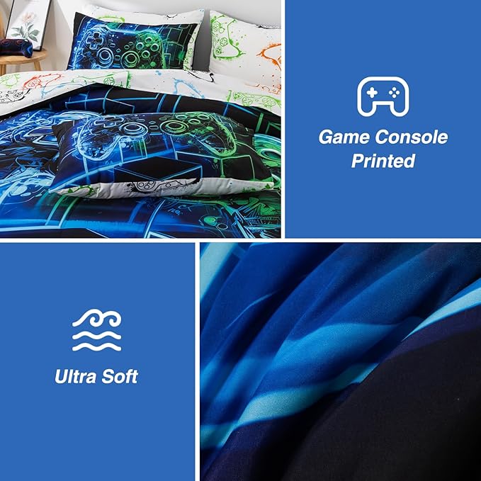 A Nice Night 5Pcs Gaming Comforter Set,Blue Green 3D Game Contoller Themed Keyboard Printing Bedding Sets for Kids Teen Boys, Reversible Comforter for All Seasons,Queen