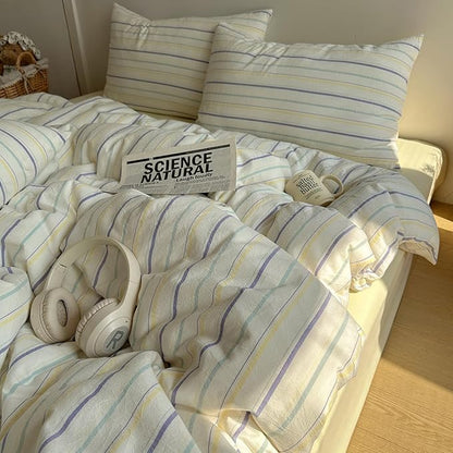 EAVD Retro Striped Duvet Cover Set Full Size 100% Cotton Chic Stripes Printed Bedding Set with 2 Pillowcases Vintage Geometric Pattern Duvet Cover with Zipper Closure(Yellow&Purple&Blue, Queen)