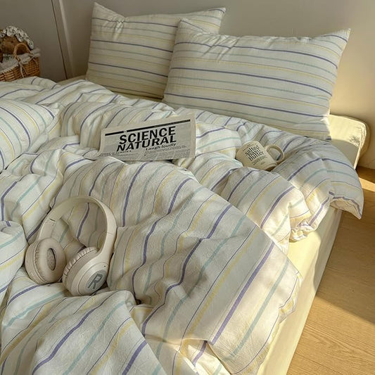 EAVD Vintage Colorful Striped Comforter Set Queen Soft Cotton 3-Piece Retro Vertical Striped Bedding Set with 2 Pillowcases Boho Geometric Comforter Set for All-Season(Purple&Yellow&Blue, Queen)