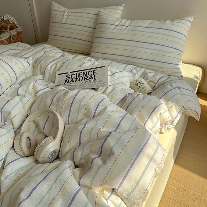 EAVD Retro Striped Duvet Cover Set Queen Size 100% Cotton Chic Stripes Printed Bedding Set with 2 Pillowcases Vintage Geometric Pattern Duvet Cover with Zipper Closure(Yellow&Purple&Blue, Queen)