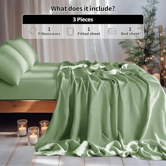 LBRO2M 100% Pure Linen Sheet Set Deep Pocket Up to 16" Bed Sheets Sets, Natural Flax Beddings Soft, Breathable, Comfortable for All Seasons Twin Size, Green