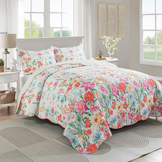 Travan Floral Quilt Queen Quilt Set, Ultra Soft Reversible Queen Quilt Bedding Set with 1 Quilt Set and 2 Shams Red Flower Quilt for All Season, Coreopsis-Red, Queen