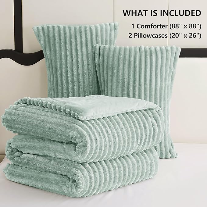 CozyLux Fluffy Queen Comforter Set - Super Soft Faux Fur Sage Green Comforter Queen Size, Winter Warm Fleece Bedding Set, 3 Pieces Plush Fuzzy Bed Set (1 Shaggy Comforter, 2 Pillowcases)