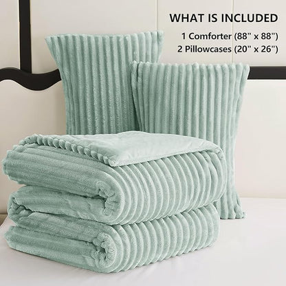 CozyLux Fluffy Queen Comforter Set - Super Soft Faux Fur Sage Green Comforter Queen Size, Winter Warm Fleece Bedding Set, 3 Pieces Plush Fuzzy Bed Set (1 Shaggy Comforter, 2 Pillowcases)