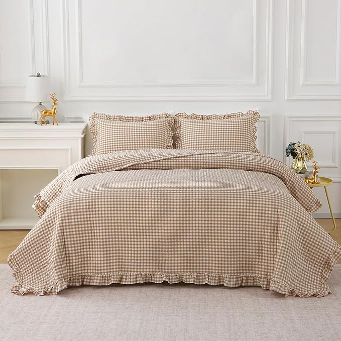 Taupe White Ruffle Gingham Quilt Set Queen Size with Pillow Shams, 100% Washed Cotton Yarn-Dyed Quilted Bedspread Bedding Set (Taupe, Queen)