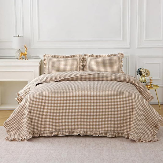Taupe White Ruffle Gingham Quilt Set Queen Size with Pillow Shams, 100% Washed Cotton Yarn-Dyed Quilted Bedspread Bedding Set (Taupe, Queen)