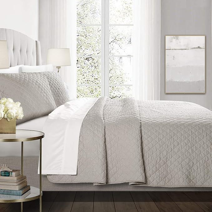 Lush Decor Ava Quilt Diamond Pattern Solid 3 Piece Oversized Bedding Blanket Bedspread Set - King - Gray