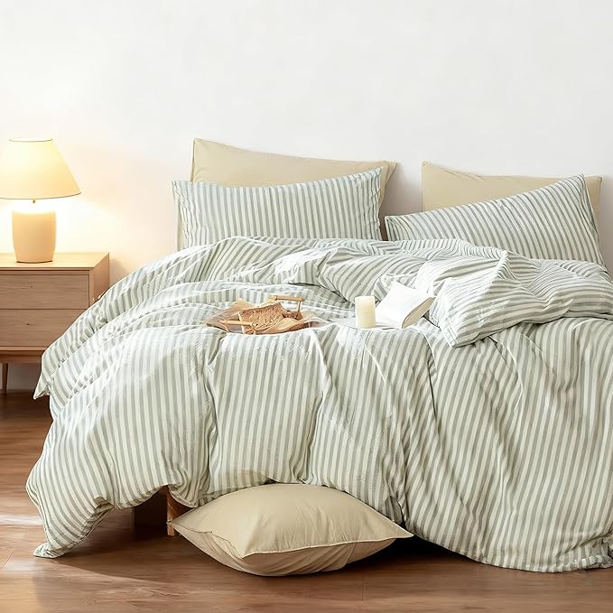 Nayoroom Striped Duvet Cover Queen Size - 100% Washed Cotton White Duvet Cover with Green Stripes Pattern, 3 Pieces Soft Breathable Girls Dorm Bedding Set for Hot Sleepers, Yarn Dyed Process