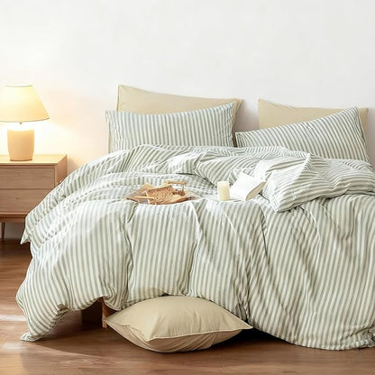 Nayoroom Striped Duvet Cover Queen Size - 100% Washed Cotton White Duvet Cover with Green Stripes Pattern, 3 Pieces Soft Breathable Girls Dorm Bedding Set for Hot Sleepers, Yarn Dyed Process