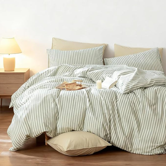 Nayoroom Striped Duvet Cover Queen Size - 100% Washed Cotton White Duvet Cover with Green Stripes Pattern, 3 Pieces Soft Breathable Girls Dorm Bedding Set for Hot Sleepers, Yarn Dyed Process