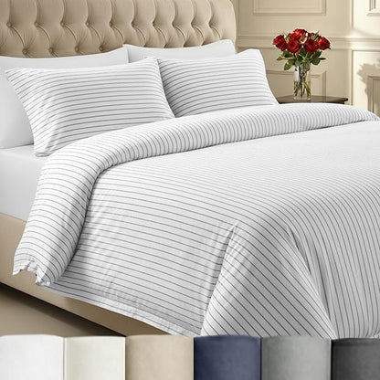 California Design Den Printed 100% Cotton King Duvet Cover Set - 400 Thread Count Sateen, Printed Bedding Set with Button Closure and Corner Ties (3 Piece, Pinstripe Print)