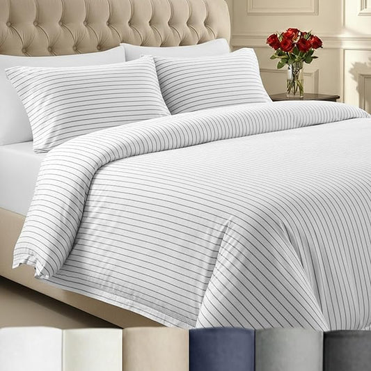 California Design Den Printed 100% Cotton King Duvet Cover Set - 400 Thread Count Sateen, Printed Bedding Set with Button Closure and Corner Ties (3 Piece, Pinstripe Print)