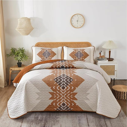 Dintszyayue Burnt Orange Quilt Set Boho California King Size,3 Piece Aztec Texture Bedspread Coverlet Set Soft Lightweight Bedding Set Terracotta Quilt with 2 Pillowcases(Terracotta,96"x112")