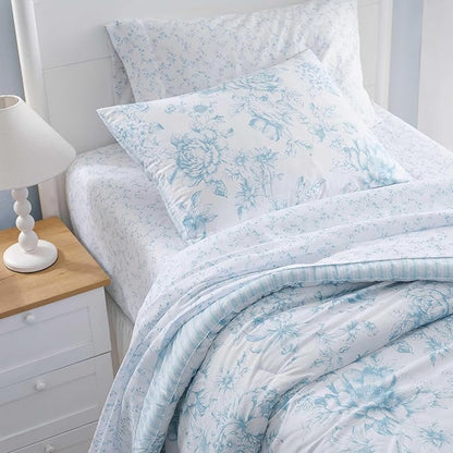 Laura Ashley - Twin Comforter Set, Soft & Reversible Floral Bedding with Bonus Bed Sheets & Pillowcases, 5 Piece Bed Set for Year Round Comfort (Quartet Jaynie Ticking/Stripe Blue)