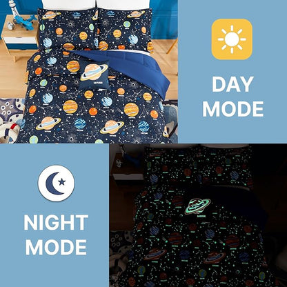 Twin Comforter Set for Boys-3 Pieces Space Glow in the Dark Twin Bedding Sets for Kids,1 Comforter,1 Sham and 1 Decor Pillow