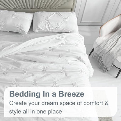 Swift Home Full/Queen White Comforter Set - Ruched 3D Floral Pintuck Bedding Set - 3 Pieces Bed Linen, 1 Comforter and 2 Pillow Shams