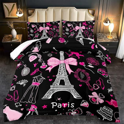 Eiffel Tower Comforter Set King Size,Eiffel Tower Bedding Set for Girls, Pink and Black Paris Themed Comforter Bedroom Decor,Paris Quilt French Style Romantic Bedding