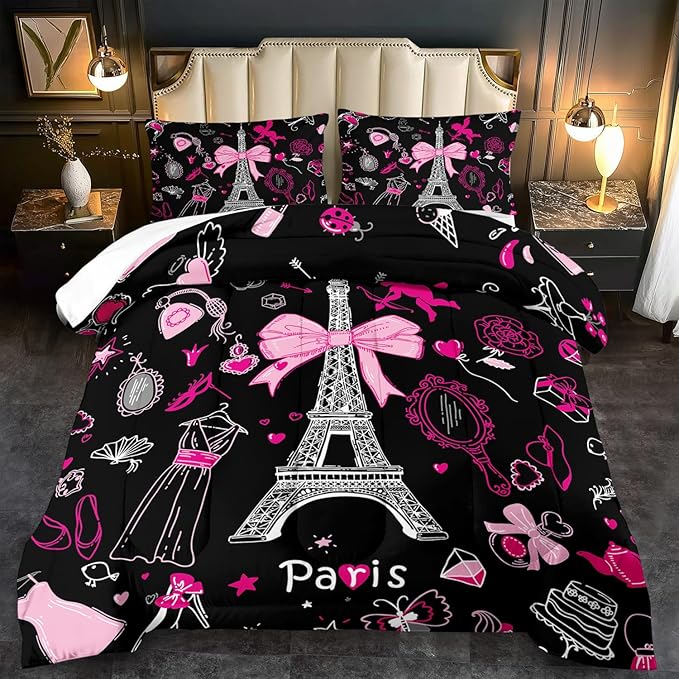 Eiffel Tower Comforter Set Queen Size,Eiffel Tower Bedding Set for Girls, Pink and Black Paris Themed Comforter Bedroom Decor,Paris Quilt French Style Romantic Bedding