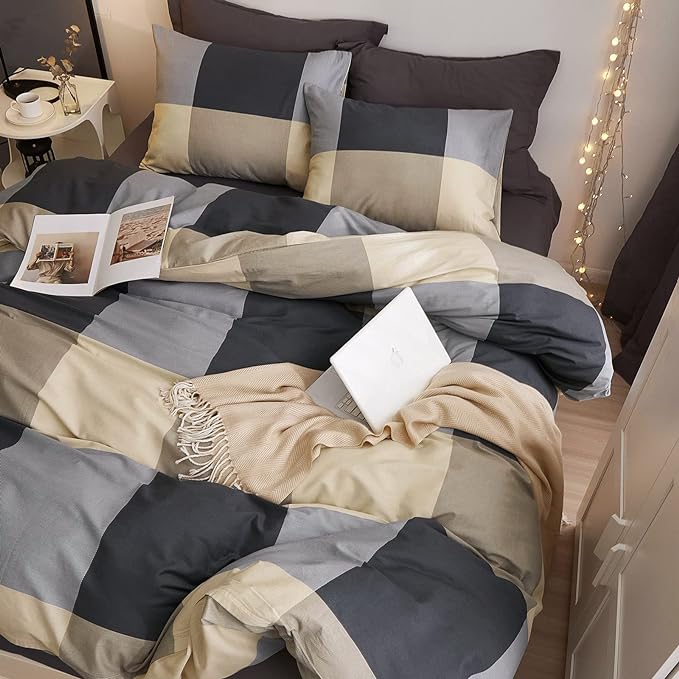VM VOUGEMARKET Black Gray Beige Plaid Comforter Set Queen Boys Men Modern Bedding Set Geometric Checkered Pattern Comforter Bed in a Bag All Season Queen Comforter Set