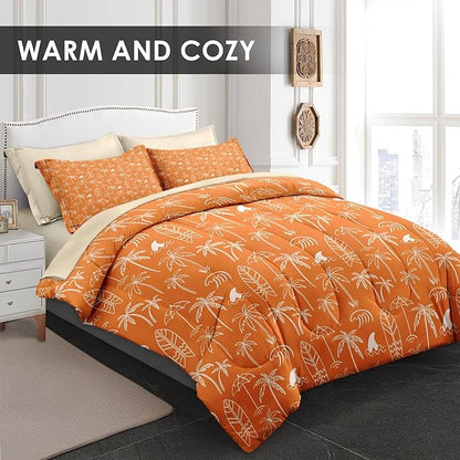 7 Pcs Queen Size Comforter Set with 2 Pillowcases & 2 Shams, Boho Palm Tree Beach Bedding for Kids and Adults, Summer Hawaiian Tropical Leaf Bed in a Bag with Flat Fitted Sheet