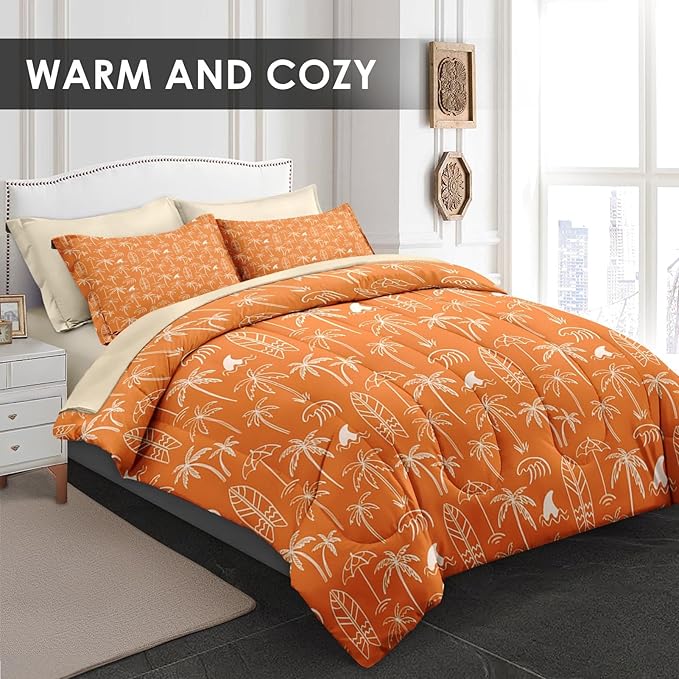7 Pcs Full Size Comforter Set with 2 Pillowcases & 2 Shams, Boho Tropical Palm Tree Leaf Bedding for Kids and Adults, Summer Hawaiian Beach Bed in a Bag with Flat Fitted Sheet