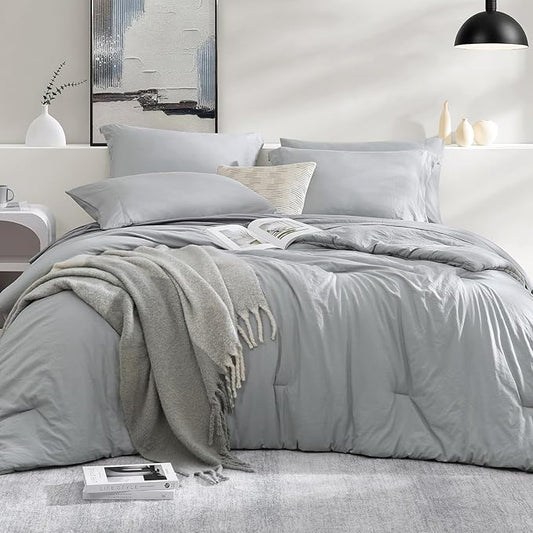 WRENSONGE Queen Comforter Set- 7 Pieces Soft Light Grey Bed in a Bag Queen with Fitted Sheet, Flat Sheet, 2 Pillow Shams, and 2 Pillowcases- Warm Bed Set for All Season