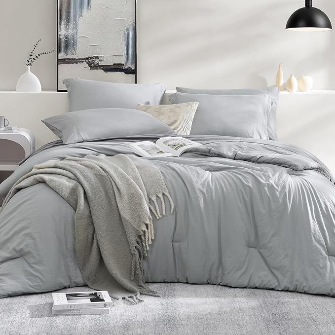 WRENSONGE Twin Comforter Set- 5 Pieces Light Grey Bed in a Bag, All Season Twin XL Bedding Sets with 1 Fitted Sheet, 1 Flat Sheet, 1 Pillow Sham and 1 Pillowcase