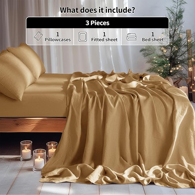 LBRO2M 100% Pure Linen Sheet Set Deep Pocket Up to 16" Bed Sheets Sets, Natural Flax Beddings Soft, Breathable, Comfortable for All Seasons Twin XL Size, Rust