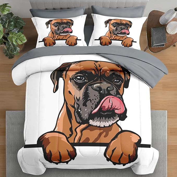 Comforter Set Full Size, Dog Funny Family 7 Pcs Bedding for Kids and Adults, Animal Cute Boxer Bed Sheet Sets with Fitted Sheet 2 Pillowcases & 2 Shams for Bedroom Bed Decor