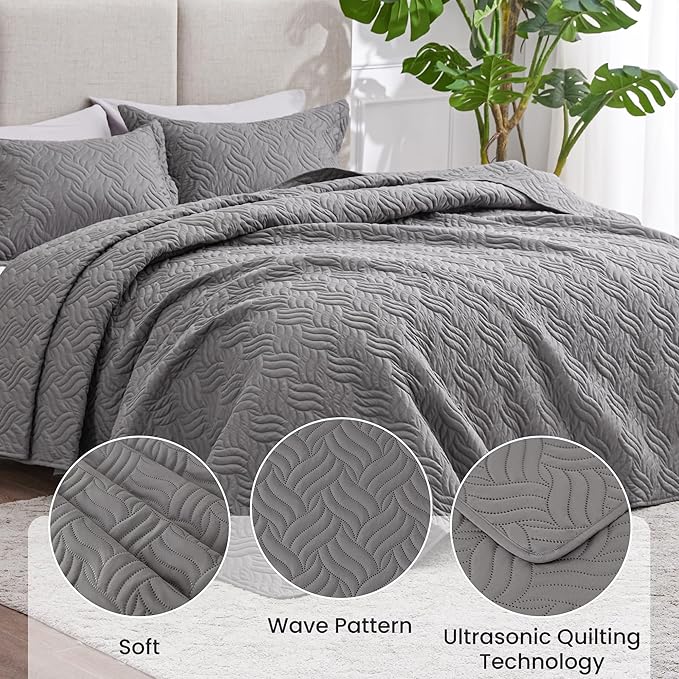 Love's cabin Quilts for Full Bed Grey Bedspreads Bedding Set - Lightweight Bedspread Comforter - Wave Pattern Bedding Coverlet for All Season - 3 Pieces (1 Quilt, 2 Pillow Shams)