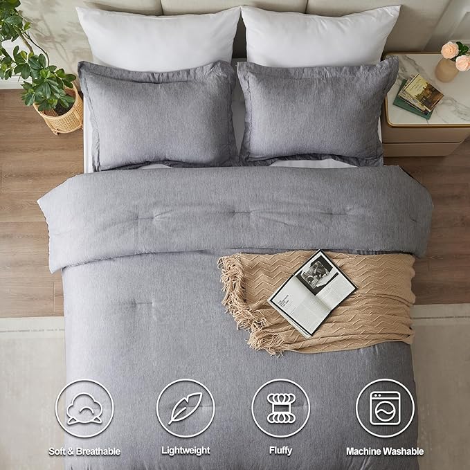 CozyLux Oversized Queen Comforter Set, 3 Pieces 98x98 Grey Soft Luxury Cationic Dyeing Bedding Set All Season, Gray Breathable Lightweight Bed Sets with 1 Down Alternative Comforter and 2 Pillow Shams