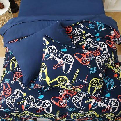 Glow in The Dark Kids Comforter Set, 5 Pieces Gamepad Bedding Set Twin Size for Boys Girls Teen, 1 Comforter, 1 Pillowcase, 2 Pillow Shams